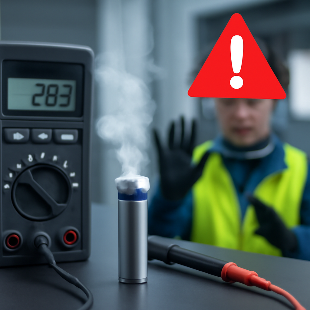 A cylindrical battery under test emits smoke and white deposits while a voltmeter shows fluctuating readings. The operator in PPE steps back cautiously, with a red warning icon highlighting danger