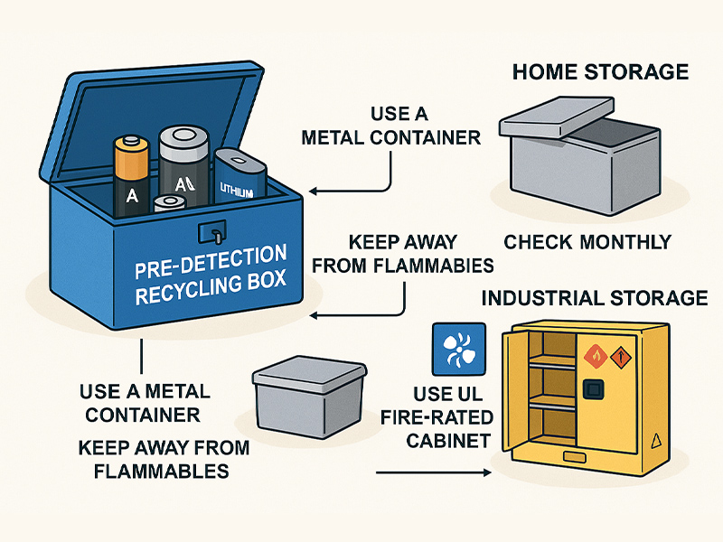 Pre-detection recycling box containing categorized batteries, alongside safe home storage in a metal container and industrial storage in a fireproof cabinet with ventilation and warning labels.