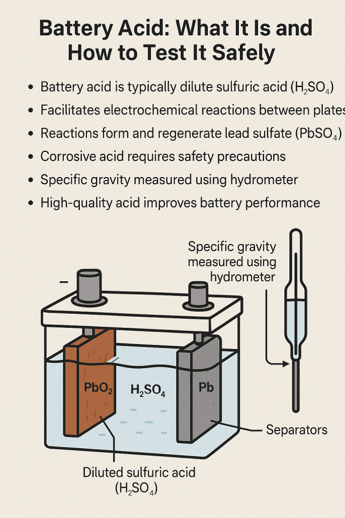 Educational infographic on battery acid, showing the role of diluted sulfuric acid in lead-acid batteries, the structure of electrode plates, separators, and the use of a hydrometer for specific gravity measurement