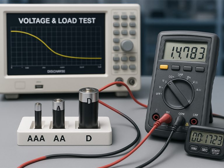 Battery testing setup with multiple battery holders and instruments measuring voltage and discharge under load to compare runtime
