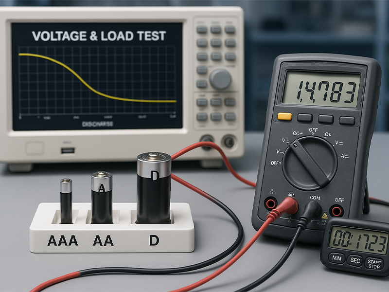 Battery testing setup with multiple battery holders and instruments measuring voltage and discharge under load to compare runtime