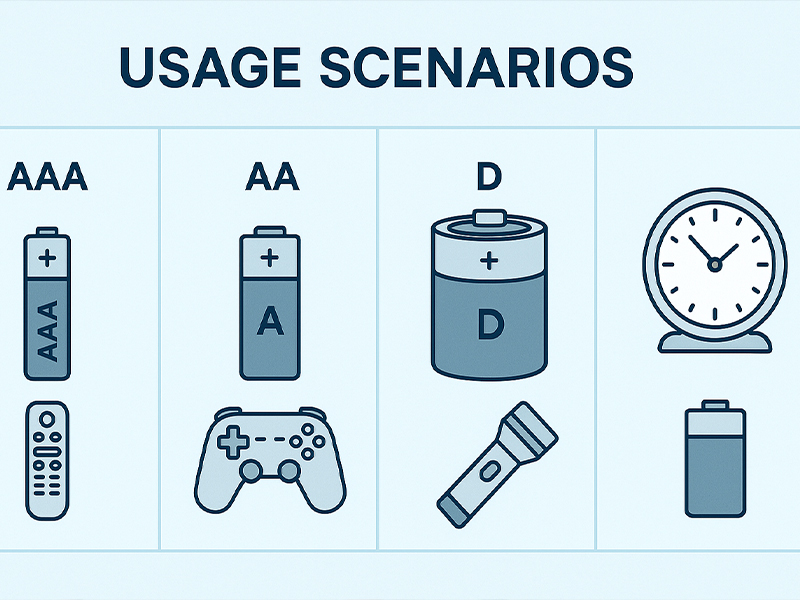 Devices matched with appropriate battery types: remote control for AAA, flashlight and toy for AA, lantern and radio for D batteries