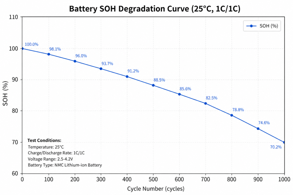 Battery SOH Degradation Curve (25°C, 1C/1C)