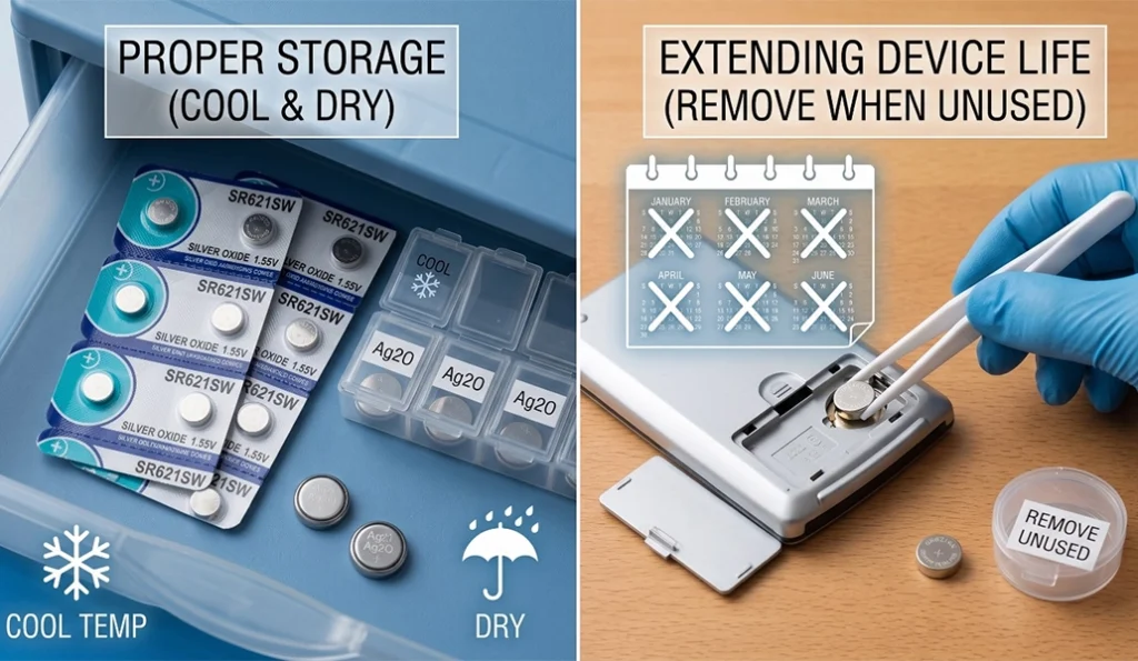 Split image showing two tips: left—batteries stored cool and dry in labeled compartments; right—remove unused batteries to extend device life with a calendar grid and tweezers removing a coin cell from a device.