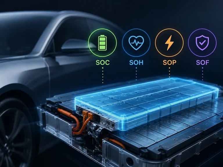 EV battery pack with glowing status icons labeled SOC, SOH, SOP, and SOF above it.