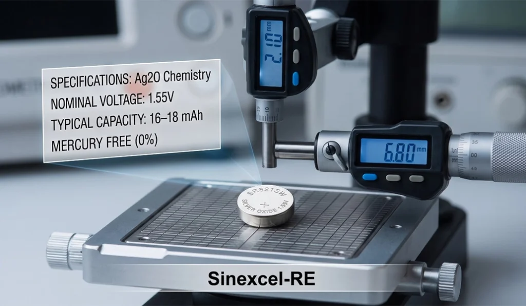 Close-up of a precision measurement setup with a coin cell on a stage; digital calipers show 6.80 mm and a second display shows 2.89 mm; Sinexcel-RE label visible.